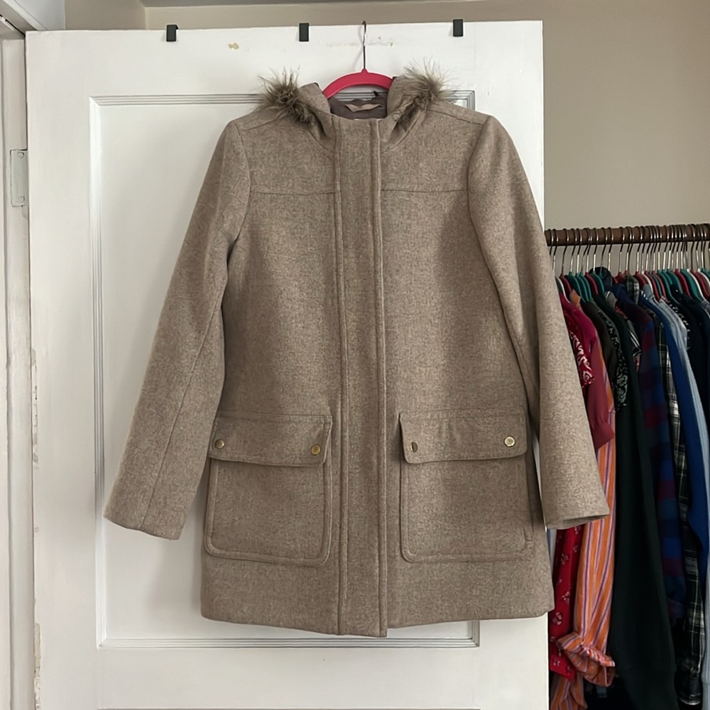 J. Crew Women's Vail Hooded Parka Jacket with Fur Trim size 4